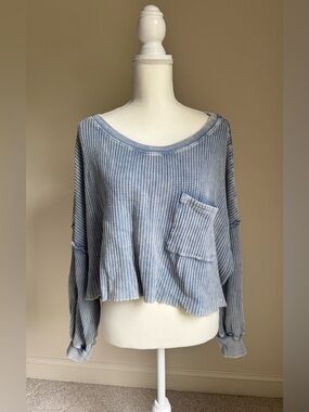 ALTAR'D STATE Bleached Blue Oversized Waffle Knit Cropped T-Shirt Top Sz L